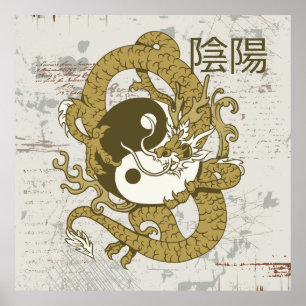 Affiche Yin yang Symbole chinois et dragon