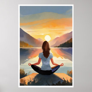 Affiche Yoga au lac au coucher du soleil