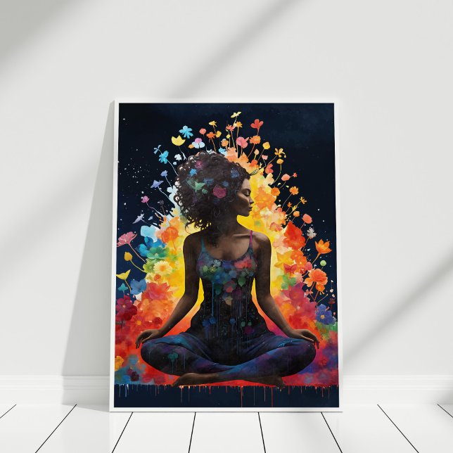 Affiche Yoga Girl Méditerranating Flowers Universe (Yoga Girl Meditating Flowers Universe Poster in white frame against white wall.)
