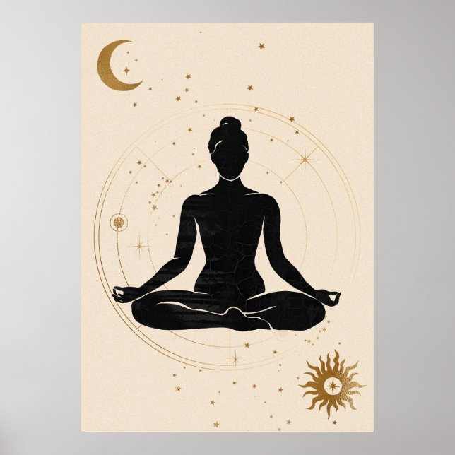 Affiche Yoga lotus position silhouette système solaire or (Devant)