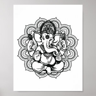 Affiche Yoga Mandala Éléphant Ganesha Tril Ornements Chakr