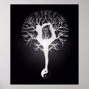 Affiche Yoga noir et blanc avec femme et yin yang.