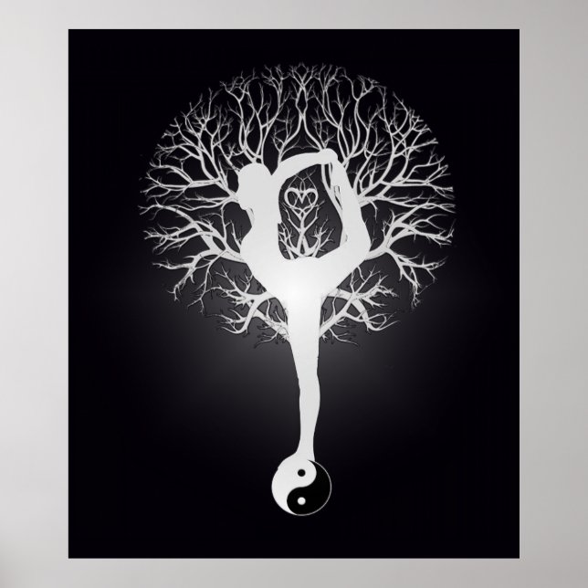 Affiche Yoga noir et blanc avec femme et yin yang. (Devant)