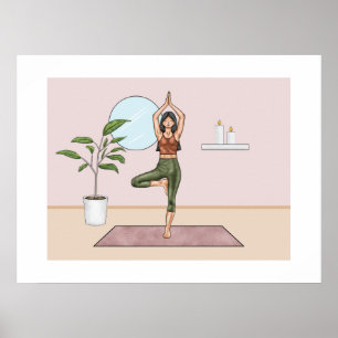 Affiche Yoga Pose de l'Arbre Vrikshasana Équilibre Femme Y