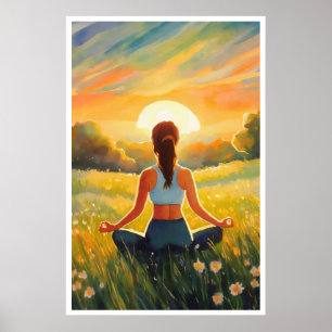 Affiche Yoga sur le terrain au coucher du soleil