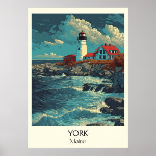 Affiche York Maine Phare Vintage Vagues Côtières Art