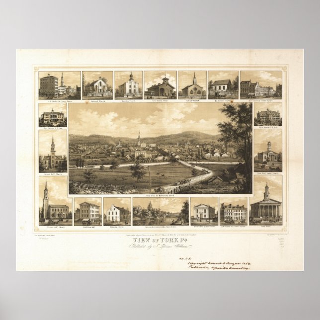 Affiche York Pennsylvanie 1852 Carte panoramique antique (Devant)
