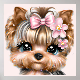 Affiche Yorkie mignonne avec une corse rose