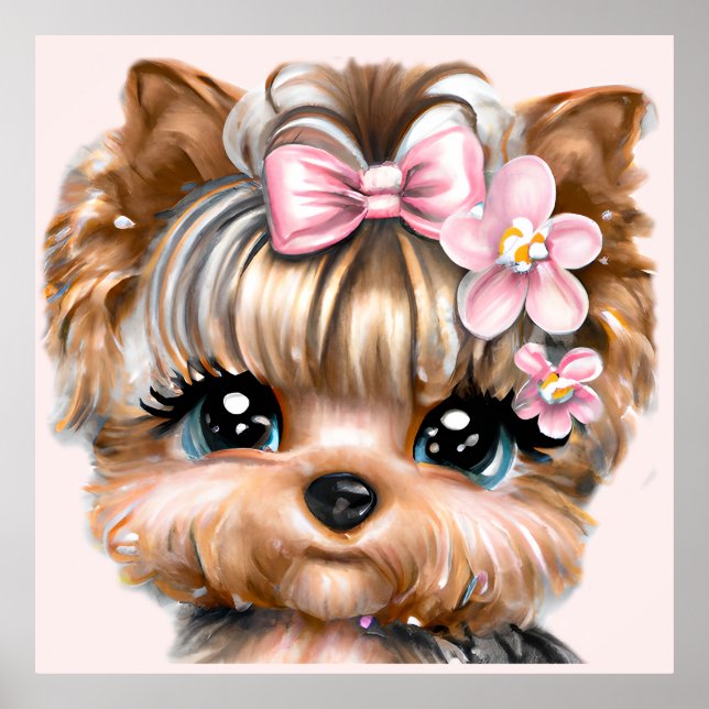 Affiche Yorkie mignonne avec une corse rose (Devant)