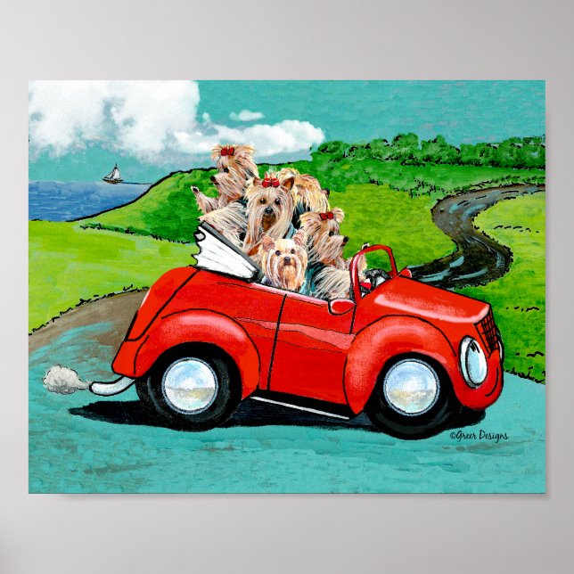Affiche Yorkies en toile rouge convertible (Devant)