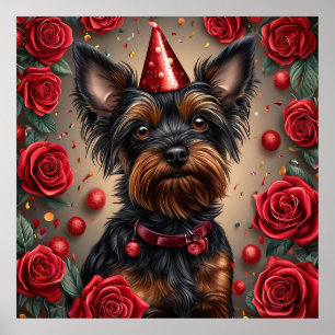 Affiche Yorkshire Terrier Anniversaire Portant un Chapeau