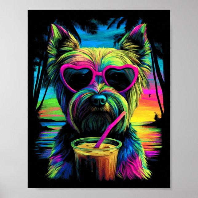Affiche Yorkshire Terrier avec Sungles Café Glacé Été (Devant)