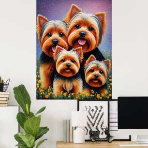 Affiche Yorkshire Terrier Puppy Famille Portrait coloré