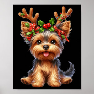 Affiche Yorkshire Terrier Reindeer Santa Hat Noël Lumières