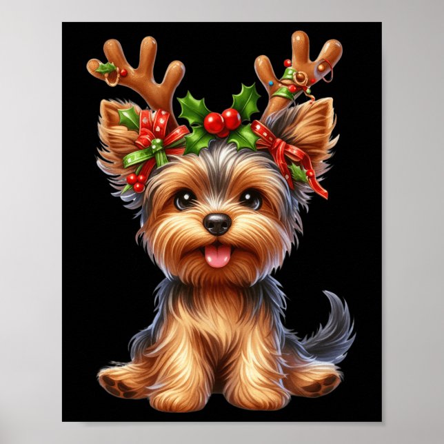 Affiche Yorkshire Terrier Reindeer Santa Hat Noël Lumières (Devant)
