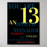 Affiche You Are 13 Official Teenager for Boys Birthday<br><div class="desc">You Are 13 - Official Teenager Birthday Poster for boys. Colored in yellow,  blue,  red and orange. For your now official teenager boy! He will love it!</div>