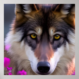 Affiche Young wolf in fuchsia pink flowers 