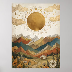 Affiche Yourte de montagne à phase lunaire bohème céleste