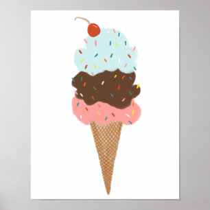 Affiche Yummy Coloré Crème glacée Cone Triple Scoop Cute