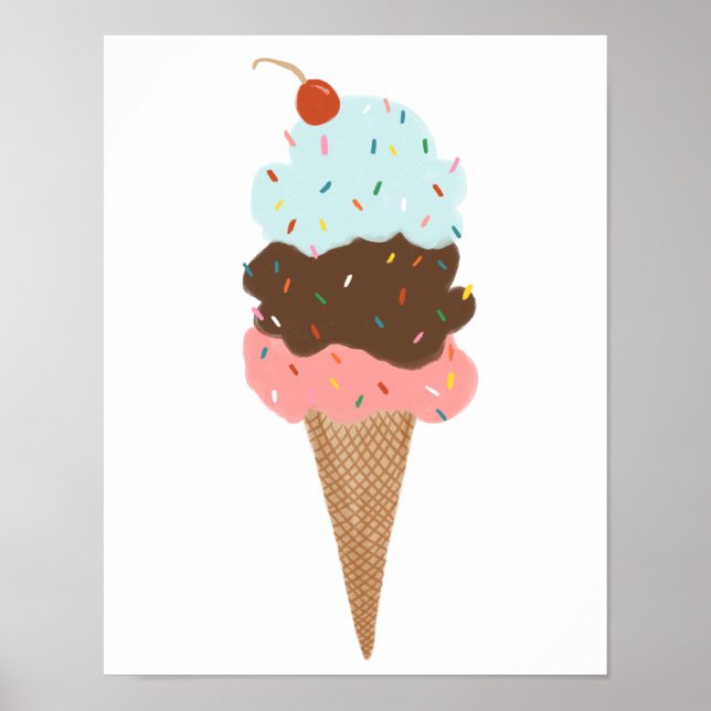 Affiche Yummy Coloré Crème glacée Cone Triple Scoop Cute (Devant)