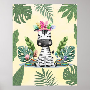Affiche Zebra Jungle Safari Feuilles de palmier exotiques 