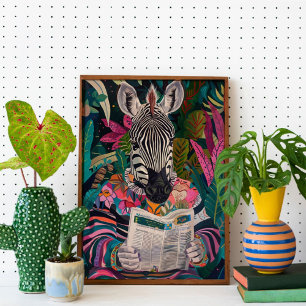 Affiche Zebra Lecture d'un livre Maximalist Animal Art