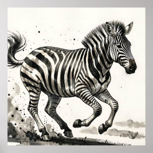 Affiche Zèbre dynamique en mouvement - Art à l'encre