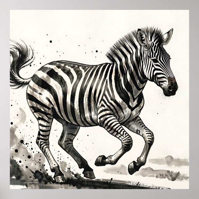 Affiche Zèbre dynamique en mouvement - Art à l'encre (Devant)