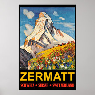 Affiche Zermatt, mountain peak, Switzerland vintage travel