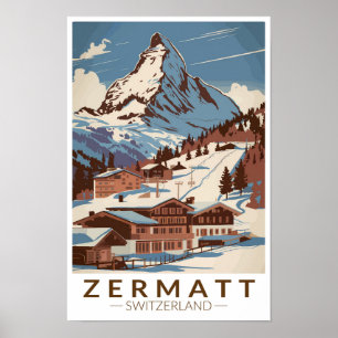 Affiche Zermatt Suisse Illustration Art de Voyage Rétro