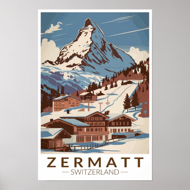 Affiche Zermatt Suisse Illustration Art de Voyage Rétro (Devant)