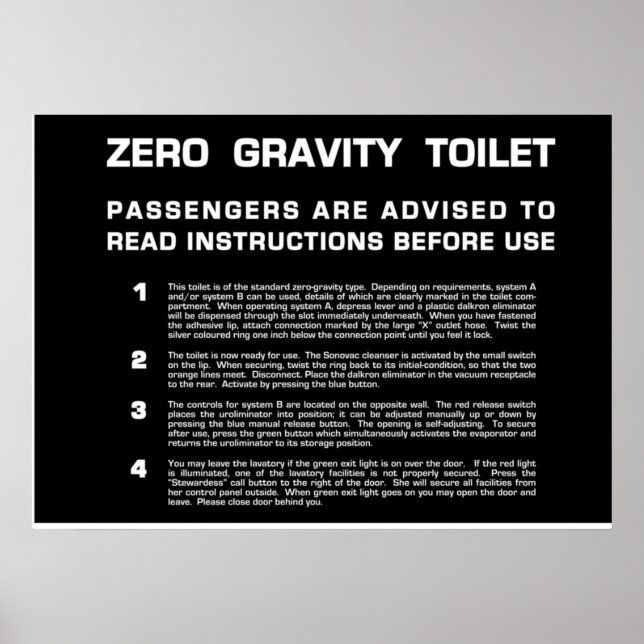 Affiche Zéro Gravity Toilet texte blanc (Devant)