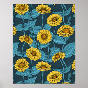 Affiche Zinnias jaune sur bleu foncé