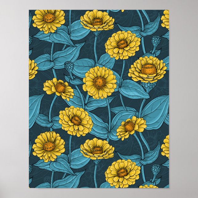 Affiche Zinnias jaune sur bleu foncé (Devant)