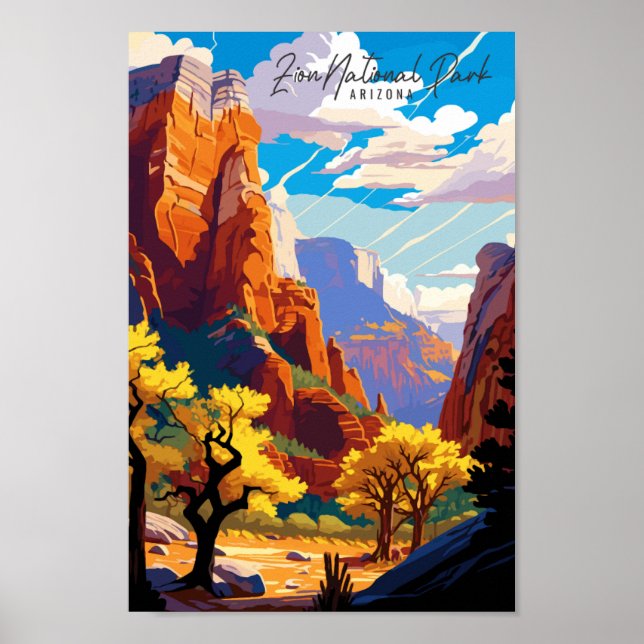 Affiche Zion Arizona USA illustration de voyage vintage (Devant)