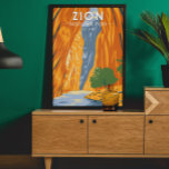 Affiche Zion National Park Utah The Narrows Vintage<br><div class="desc">Design d'illustration vectorielle de Sion. Le parc est une réserve naturelle du sud-ouest de l'Utah qui se distingue par les falaises rouges abruptes de Zion Canyon.</div>