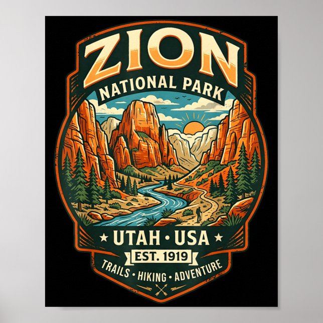 Affiche Zion parc national utah canyon rétro randonnée (Devant)