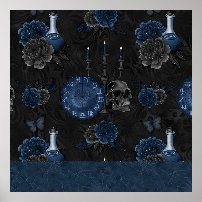 Affiche Zodiac Magic | Dark Navy Blue Gothic Skull Roses (Devant)