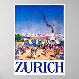 Affiche Zurich, bateau touristique sur le quai de la ville