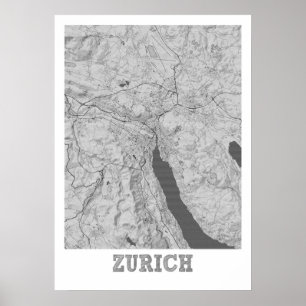 Affiche Zurich - Carte de la ville au crayon suisse