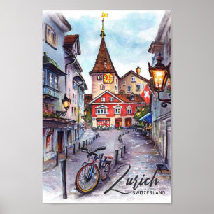 Affiche Zurich Suisse Aquarelle Peinture Voyage