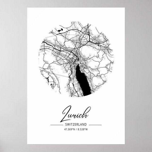 Affiche Zurich - Suisse Carte de la ville de l'eau noire (Devant)