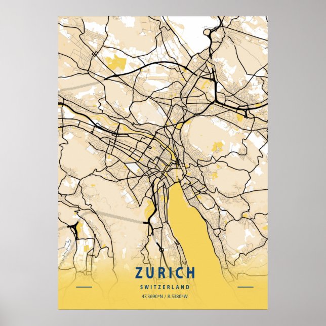 Affiche Zurich - Suisse Carte de la ville jaune (Devant)