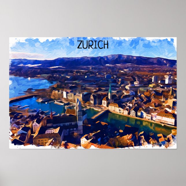 Affiche Zurich Suisse Panorama Voir aquarelle (Devant)