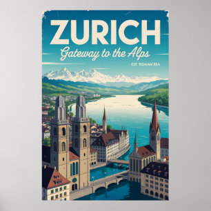 Affiche Zurich Suisse Rétro Ciel Cityscape Voyage