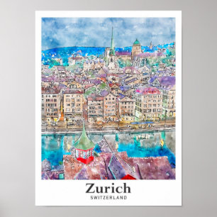 Affiche Zurich Suisse Voyage Aquarelle main tiré