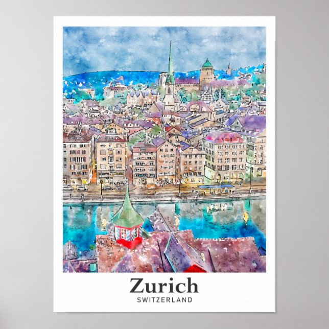 Affiche Zurich Suisse Voyage Aquarelle main tiré (Devant)