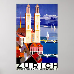 Affiche Zurich, Switzerland city, church, vintage travel