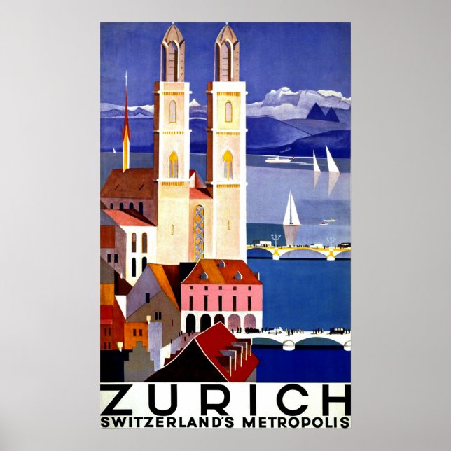 Affiche Zurich, Switzerland city, church, vintage travel (Devant)
