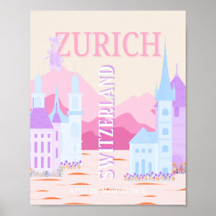 Affiche Zurich Travel Art, Suisse, Pink Preppy Travel